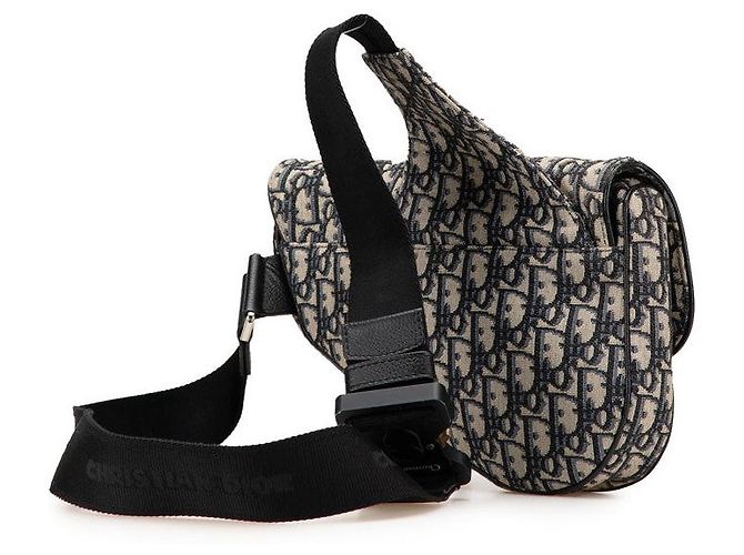 Bolsa de Ombro em Couro de Lona Dior Oblique 2 em 1 Azul Bege - vista 2