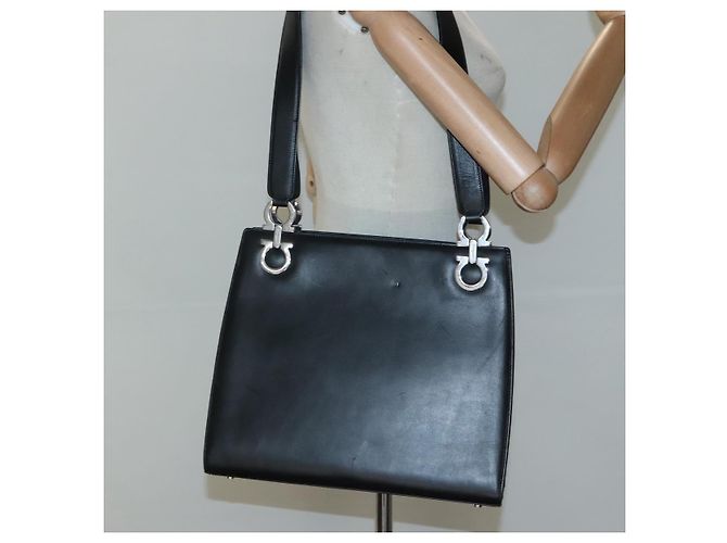 Borsa a spalla Gancini in pelle nera e argento autentica Salvatore Ferragamo MX070 Nero - vista 22