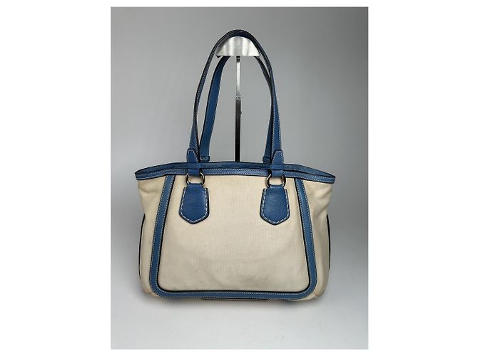 Vintage Céline Paris Canvas Leder Tasche Blau Beige - Ansicht 2