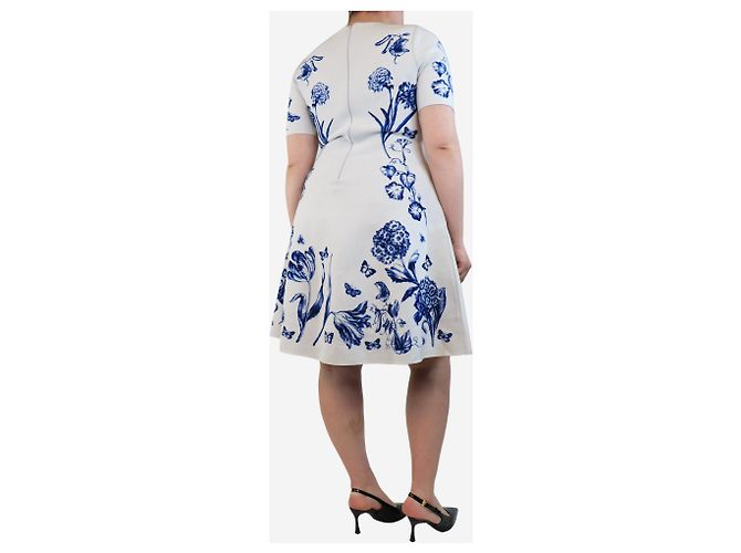 Oscar de la Renta Weißes und blaues Blumenmusterkleid - Größe L - Ansicht 2