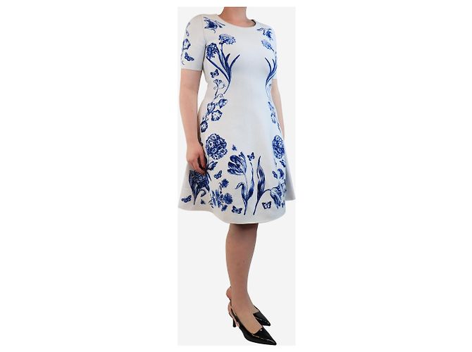 Oscar de la Renta Weißes und blaues Blumenmusterkleid - Größe L - Ansicht 3