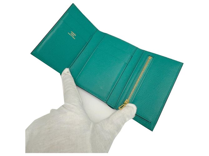 Hermès Hermes Bearn Tri-Fold Geldbörse aus grünem Epsom-Leder - Ansicht 9
