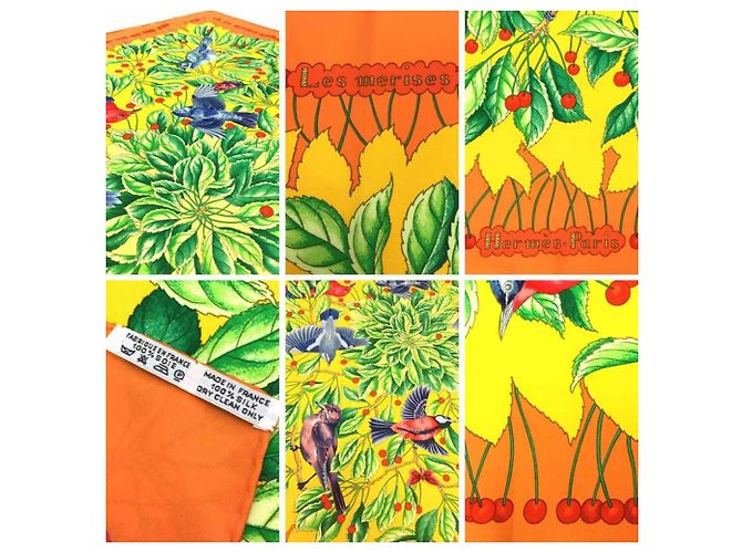 Foulard in seta Hermès - Le Ciliegie Merises Uccello Arancione Giallo - vista 3