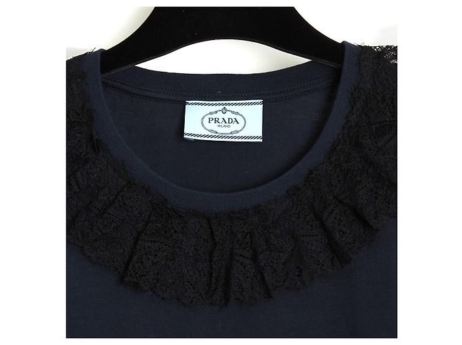 Prada 2017 Top encaje FR40 Marino Jersey Cuello de encaje T shirt Top UK12 US10 Azul marino - vista 2