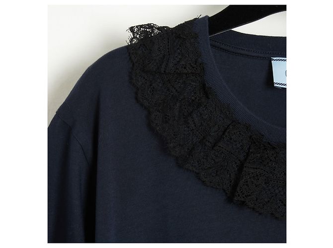 Prada 2017 Top encaje FR40 Marino Jersey Cuello de encaje T shirt Top UK12 US10 Azul marino - vista 3