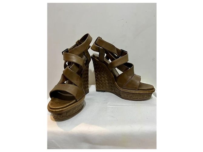 Bottega Veneta Zeppe Inteccriato in pelle color cuoio Marrone - vista 4