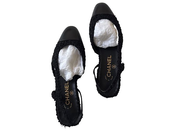Chanel CC Tweed und Leder Slingbacks Schwarz - Ansicht 10