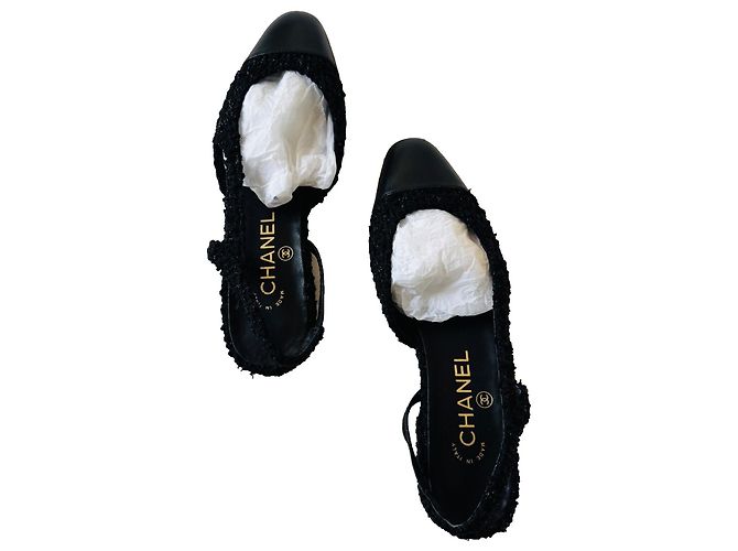 Chanel CC Tweed und Leder Slingbacks Schwarz - Ansicht 11