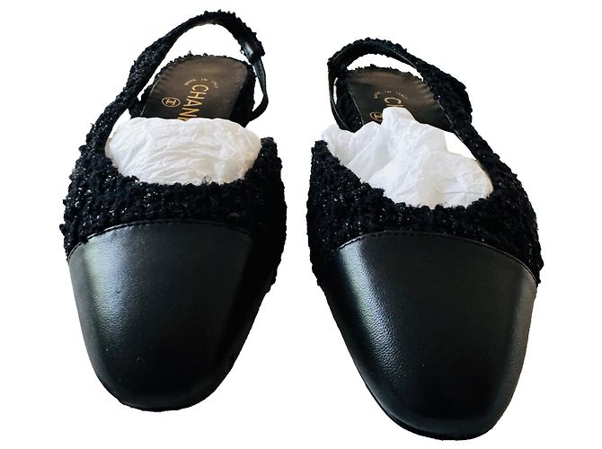 Chanel CC Tweed und Leder Slingbacks Schwarz - Ansicht 13