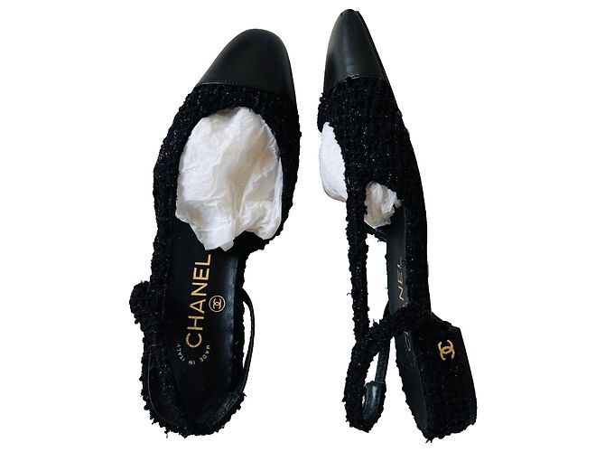 Chanel CC Tweed und Leder Slingbacks Schwarz - Ansicht 3