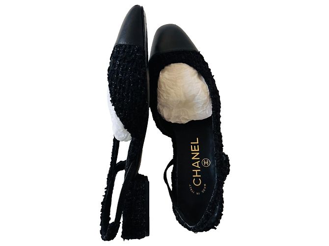 Chanel CC Tweed und Leder Slingbacks Schwarz - Ansicht 5