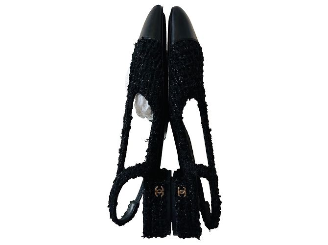 Chanel CC Tweed und Leder Slingbacks Schwarz - Ansicht 7