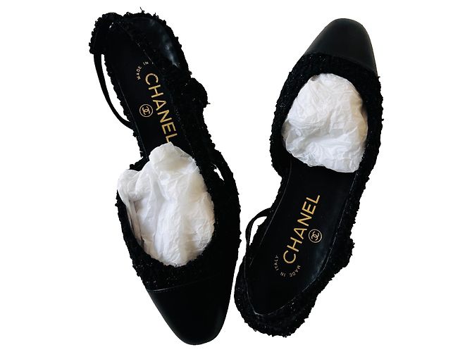 Chanel CC Tweed und Leder Slingbacks Schwarz - Ansicht 8