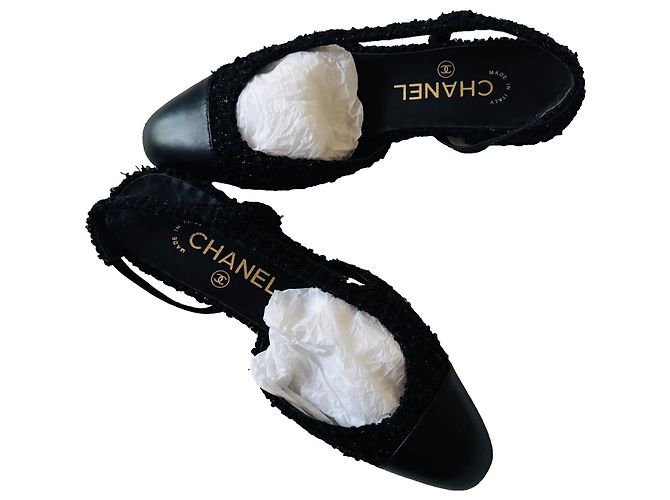 Chanel CC Tweed und Leder Slingbacks Schwarz - Ansicht 9