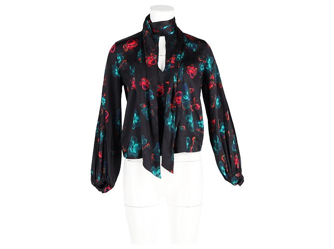 Blusa de seda negra con estampado floral Ganni Negro - vista 4