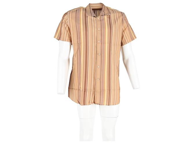 Camicia a maniche corte a righe in cotone marrone Prada - vista 4