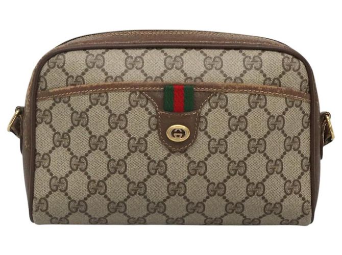 GUCCI GG Supreme Web Sherry Line Bolsa PVC Bege Ouro 116 02 089 Auth BD1622 Dourado - vista 13