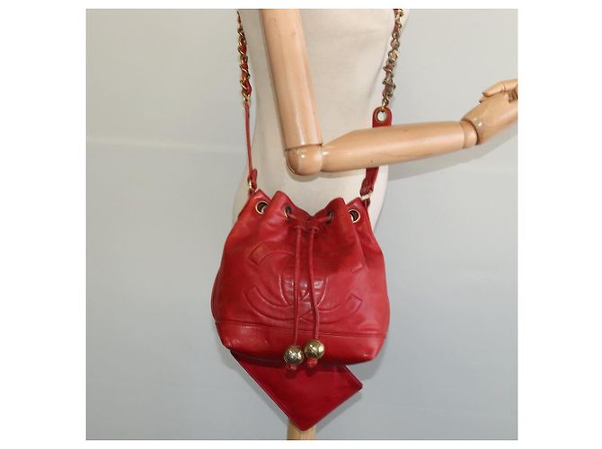 CHANEL Borsa a Spalla Matelassé Catena Pelle di Agnello Rossa Oro CC Auth KD284 Rosso D'oro - vista 24