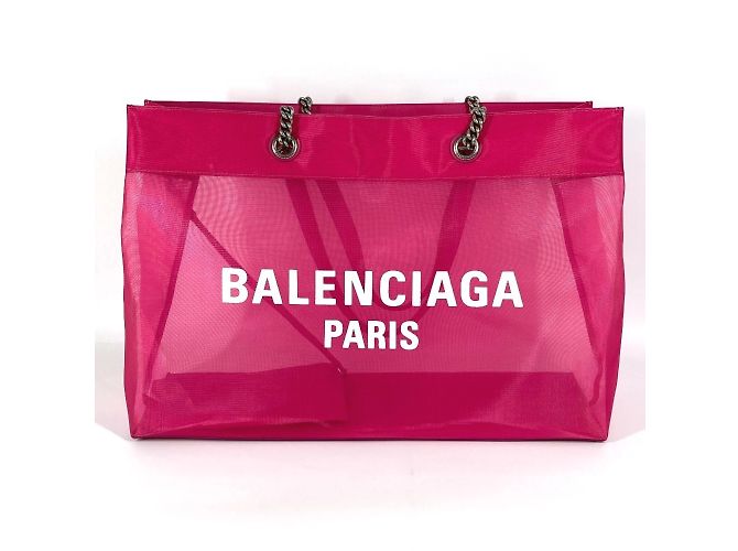 Borsa a spalla Balenciaga 741605 Mesh con pochette Duty Free grande logo Rosa Bianco - vista 6