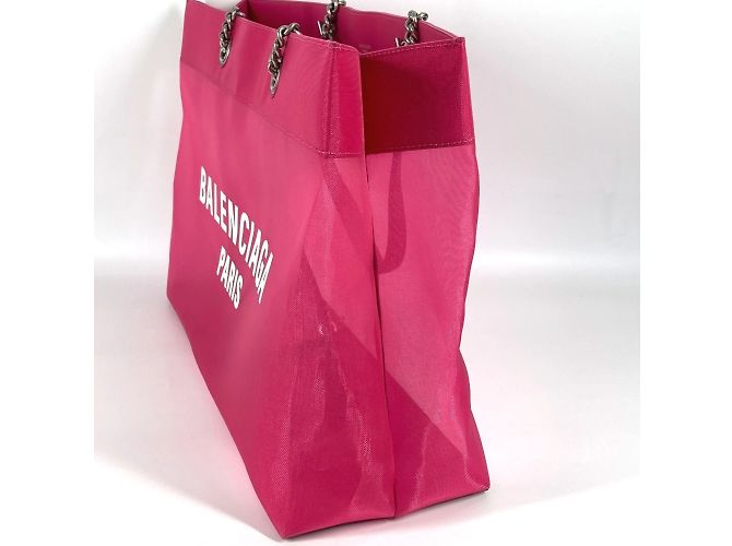 Borsa a spalla Balenciaga 741605 Mesh con pochette Duty Free grande logo Rosa Bianco - vista 7