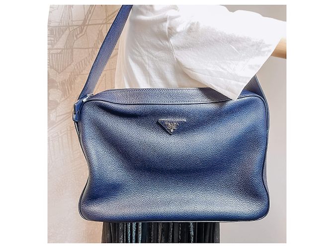Prada Borsa a spalla con zip in pelle Daino blu navy - vista 2
