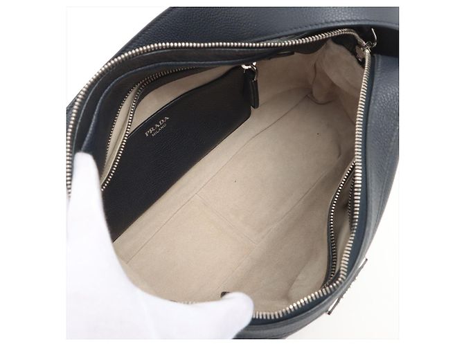 Prada Borsa a spalla con zip in pelle Daino blu navy - vista 7