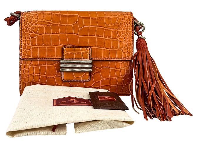 Etro Borsa a tracolla Flap in pelle croco caramello - vista 3