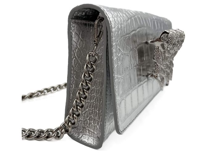Philipp Plein Clutch con Patta Piccolo Pelle di Vitello 2 Vie Stampa Croco Argento - vista 11