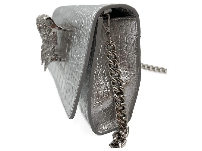 Philipp Plein Clutch con Patta Piccolo Pelle di Vitello 2 Vie Stampa Croco Argento - vista 12