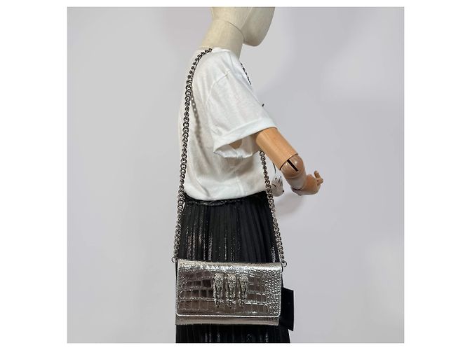Philipp Plein Clutch con Patta Piccolo Pelle di Vitello 2 Vie Stampa Croco Argento - vista 2