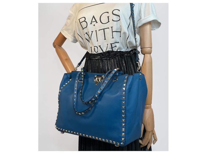 Valentino Garavani Borsa tote media in pelle di vitello Rockstud a 2 modi blu - vista 3
