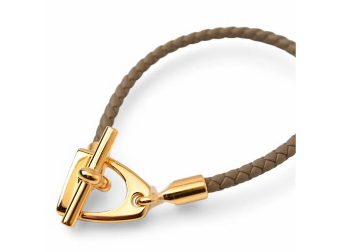 Hermès Bracciale in pelle Hermes Grennan in Etoupe/Oro D'oro Taupe - vista 2