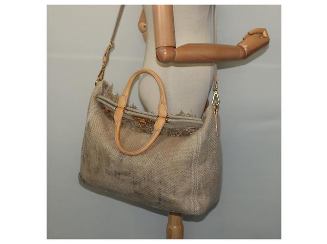 PRADA Borsa a mano in tela 2 vie Beige Oro Auth BD1555 D'oro - vista 24