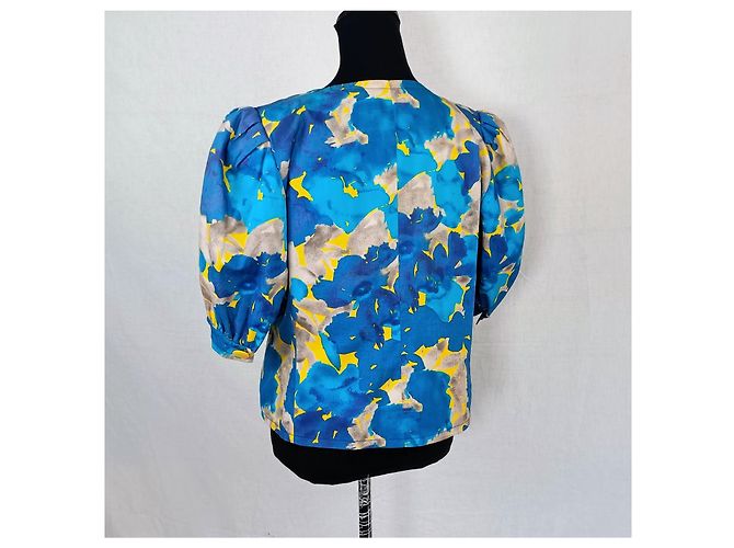 Gelbe und blaue Bluse von Pierre Balmain mit abstraktem Blumenmuster Mehrfarben - Ansicht 2