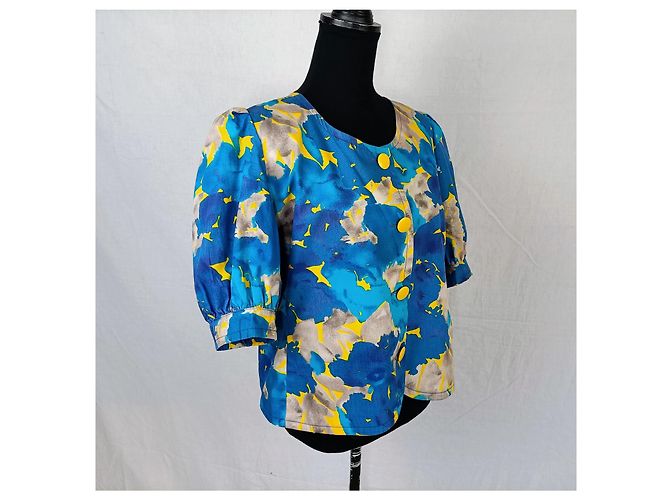Gelbe und blaue Bluse von Pierre Balmain mit abstraktem Blumenmuster Mehrfarben - Ansicht 4