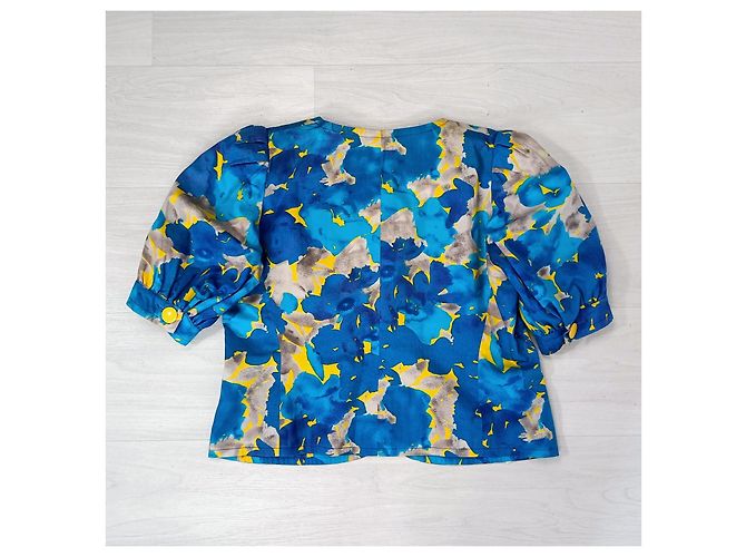 Gelbe und blaue Bluse von Pierre Balmain mit abstraktem Blumenmuster Mehrfarben - Ansicht 6