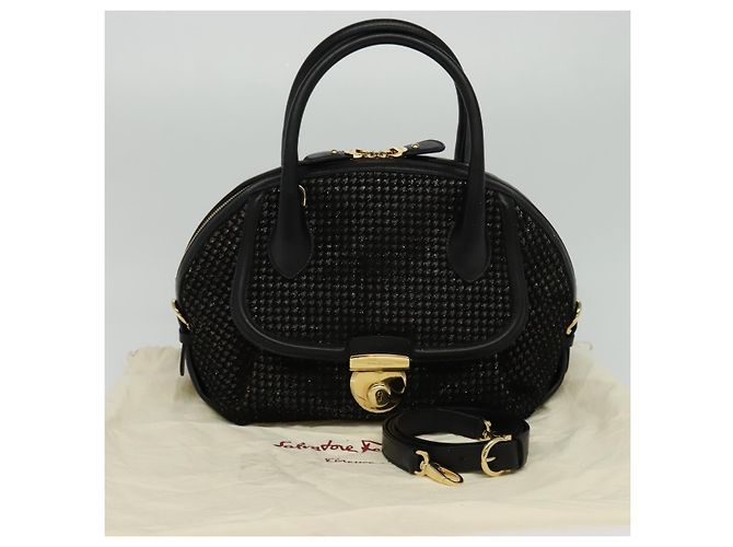 Borsa a mano in pelle Salvatore Ferragamo 2 vie nera e oro Auth MX189 Nero D'oro - vista 12