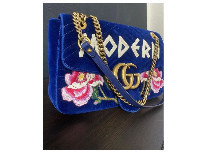 Borsa a mano Gucci GG Marmont Flap in velluto blu - vista 2