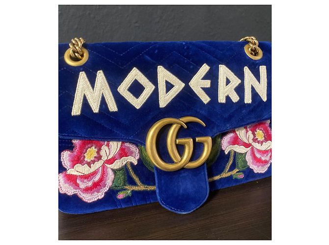 Borsa a mano Gucci GG Marmont Flap in velluto blu - vista 7