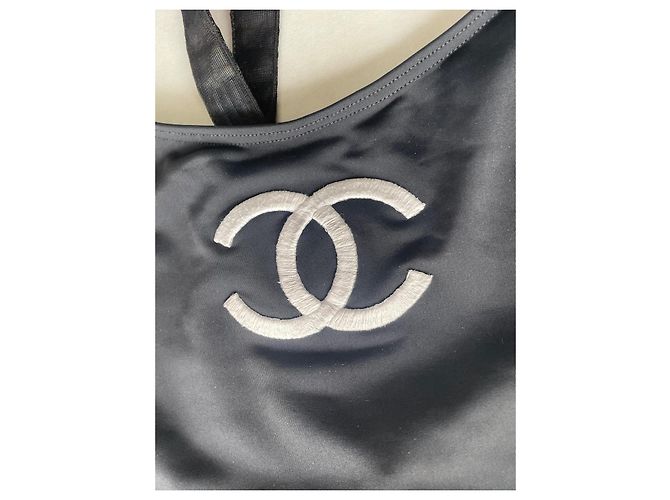Chanel Einteiler Badeanzug Schwarz Weiß mit weißer CC Stickerei - Ansicht 2