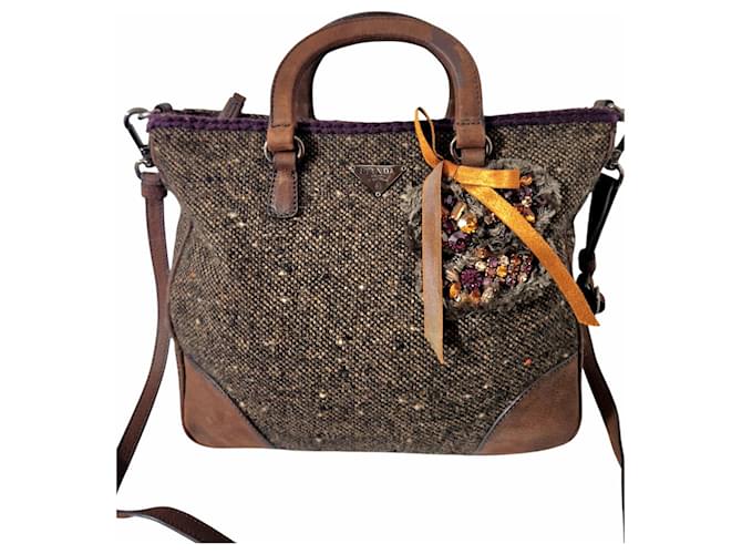 Borsa Prada in tweed e pelle marrone Marrone scuro - vista 2