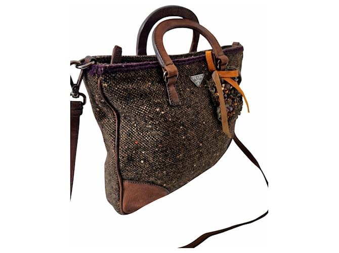 Borsa Prada in tweed e pelle marrone Marrone scuro - vista 3