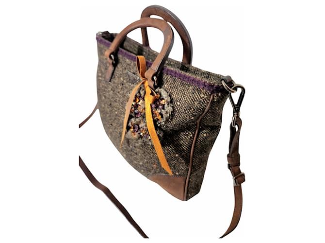 Borsa Prada in tweed e pelle marrone Marrone scuro - vista 4