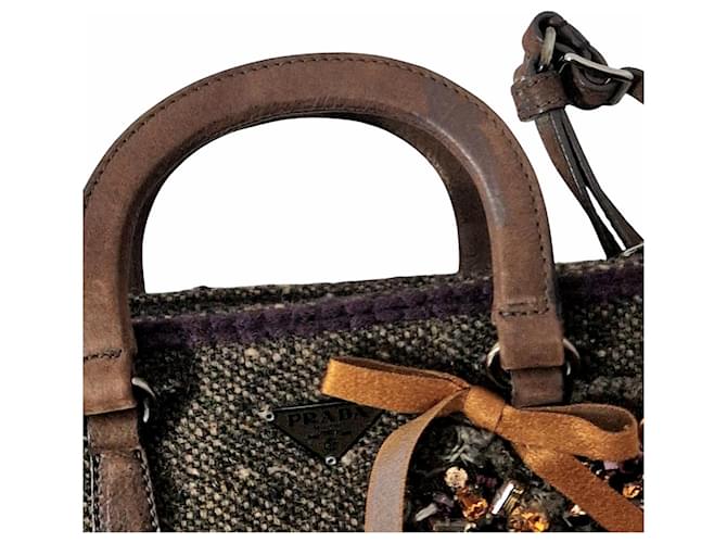 Borsa Prada in tweed e pelle marrone Marrone scuro - vista 9