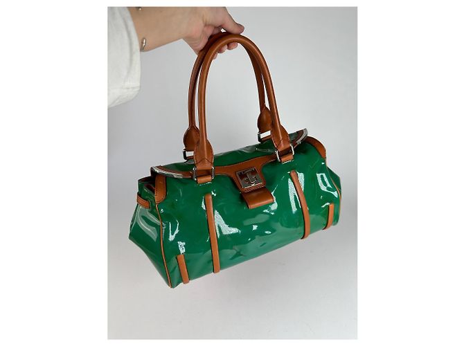 Céline Borsa da viaggio in pelle verniciata vintage Celine Paris verde / marrone - vista 13