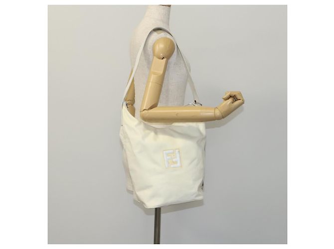FENDI Schultertasche aus Nylon Leder Beige Weiß Silber Authentisch nb296 - Ansicht 21