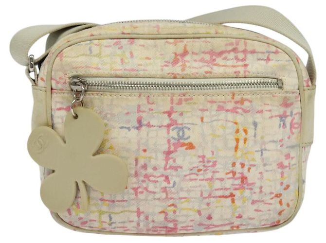 Borsa a spalla CHANEL in tela rosa beige argento CC Auth BD1533 - vista 13