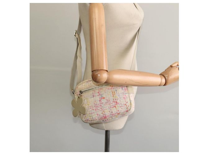 Borsa a spalla CHANEL in tela rosa beige argento CC Auth BD1533 - vista 23