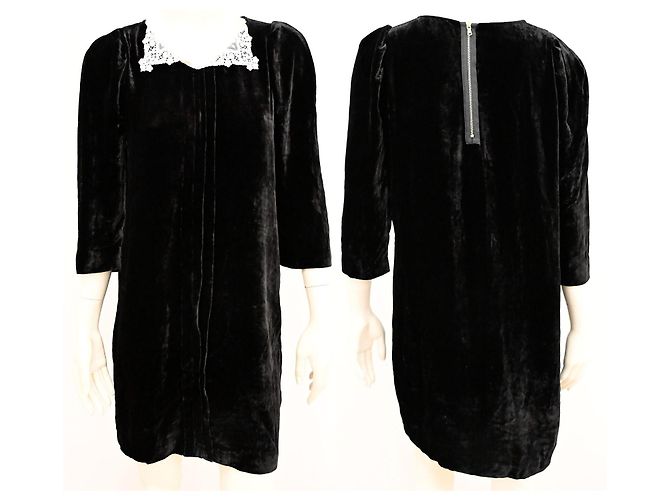Sandro Mini-Kleid aus Samtseide mit schwarzem Spitzenkragen Größe 1 Weiß - Ansicht 3