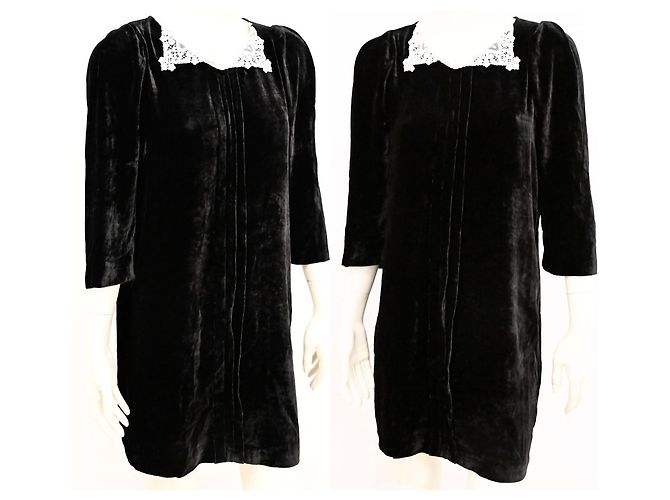 Sandro Mini-Kleid aus Samtseide mit schwarzem Spitzenkragen Größe 1 Weiß - Ansicht 4